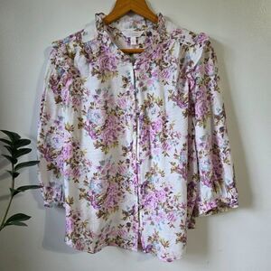 EUC LIKE NEW LAUREN CONRAD FLORAL BOHO RUFFLED BUTTONED LONGSLEEVES TOP SZ PXXL